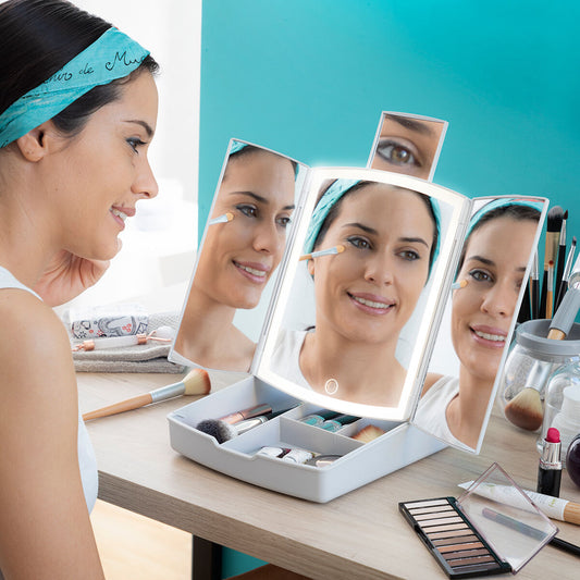 Klappbarer Spiegel mit LED und 3-in-1-Make-up-Organizer Panomir InnovaGoods Schönheit, Utensilien und Zubehör InnovaGoods   
